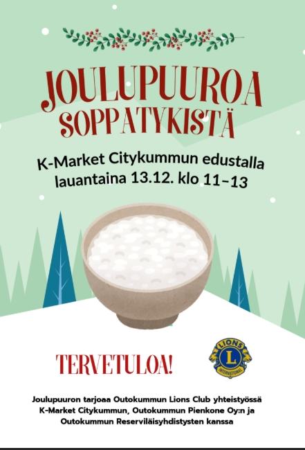 Joulupuuroa soppatykistä Citykummun edustalla klo 11-13.